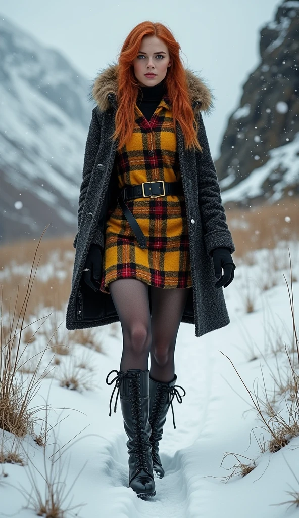 portrait of a cute woman auburn hair girl wearing a scarf in a park with snow on the ground (erotic posture) skirt with thigh highs (curvy:1.1), masterpiece, highres, by Jeremy Lipking, by Antonio J Manzanedo, (by Alphonse Mucha:0.5)
