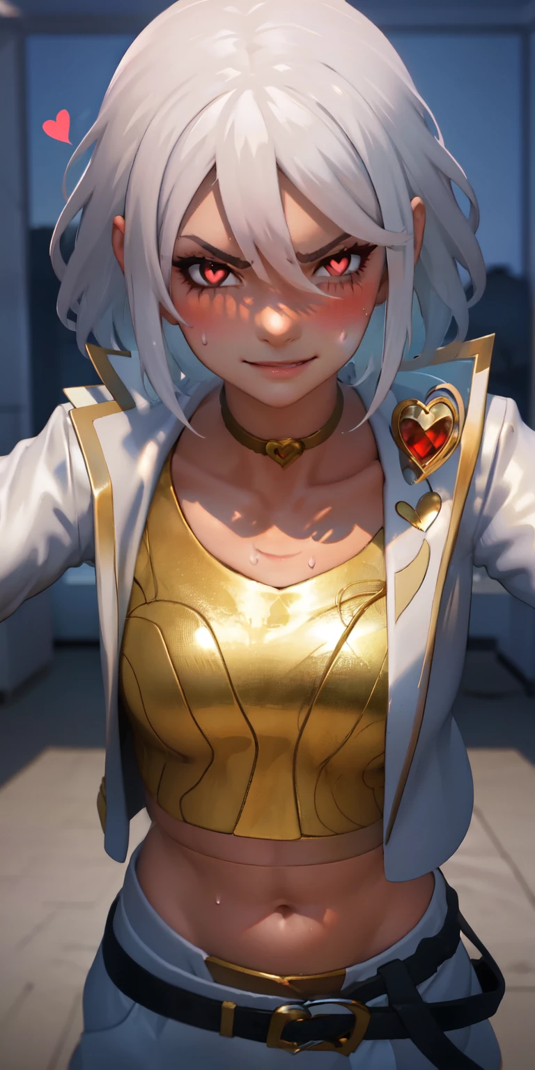 1girl, heart-shaped pupils, heart-shaped_pupils, white hair, short hair, (red eyes:1.2), eyeshadow, (blush:1.1),upper body,heart, (speed lines:1.1),medium breasts, love, heart, white jacket, jacket crop top, navel, gold crop top, sweat, sweatdrop, trembling, smile, angry, 1girl, solo, kabedon pov, looking at viewer