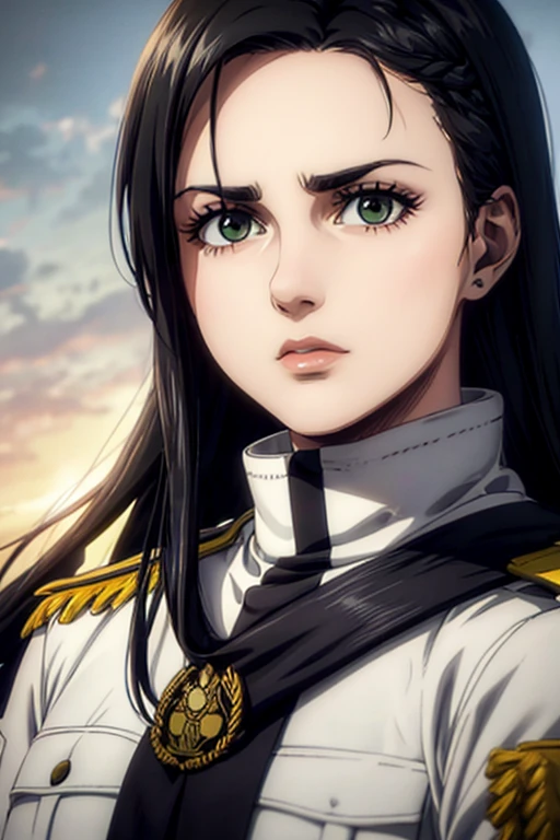 1 woman aged 35, long black hair, greeneyes, neutral expression, White military uniform, marley, liberia, Masterpiece artwork, best qualityer, retina, super detaill, 