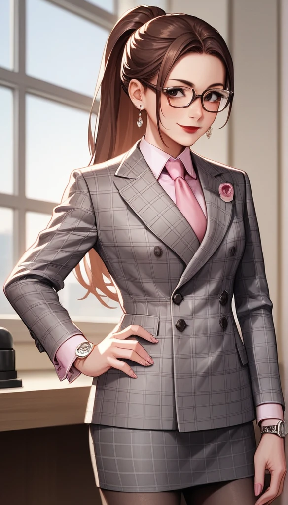 score_9, score_8_up, score_7_up, score_6_up, source_anime, double-breasted suits, 1girl, solo, brown hair, long hair, high ponytail, glasses, smile, pretty, formal, jewelry, grey plaid suit, pink silk necktie, earrings, jacket, shirt, standing, hand on hip, window, black eyes, watch, grey plaid jacket, wristwatch, light pink shirt with white collar, red lips, grey plaid skirt, makeup, pantyhose, cufflinks, black lapel trim, brown eyes, pink nails,High Resolution, Blush, white cuffs