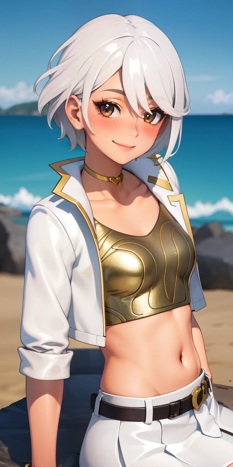 Beach background, 1girl, white hair, short hair, brown eyes, eyeshadow, (blush:1.1),upper body,heart, (speed lines:1.1),medium breasts, love, heart, white jacket, jacket crop top, white skirt, navel, gold crop top, smile, looking at viewer, sitting on a rock