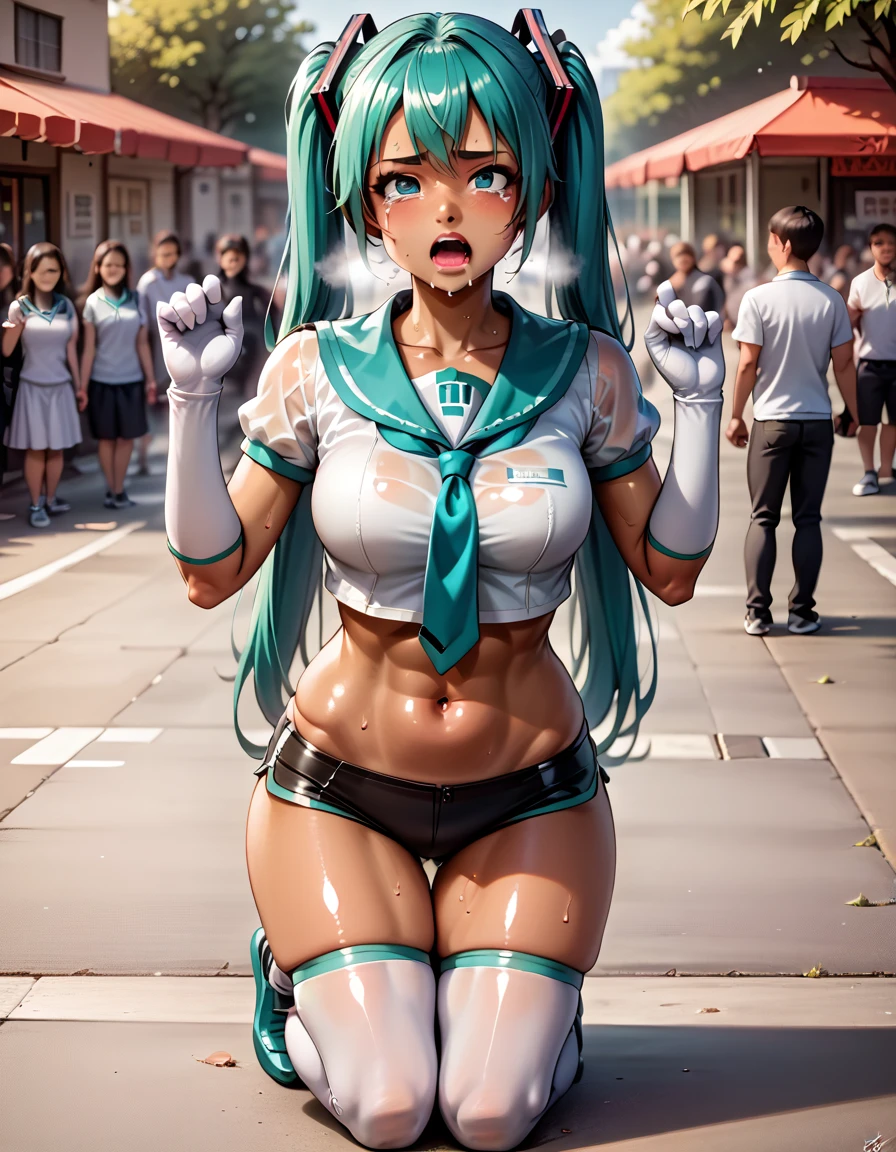 ai-generated,stunning,photorealistic,realistic,highres,HDR,intricate,elaborately designed clothes,very aesthetic, amazing quality,great quality, best quality, high quality, aesthetic,digital art, {{sailor collar}},Short shirts,short sleeves,{blue brown},{{{white thighhighs}}}, thigh gap, shiny clothes,white elbow gloves,Hatsune Miku, 18yo, , (dark-skinned female:1.4)、,、Photographed with a smartphone、、、Escape to, score_9, score_8_superior, score_7_superior, score_6_superior, score_5_superior, score_4_superior、Inspired by Japanese manga style, Manga style, How to draw manga, Digital drawing, An 8K masterpiece depicting a Japanese manga about girls in their twenties, Act as a slave, Anguished expression, A gesture of defeat, . She is crying and screaming. , shortness of breath, , close your eyes, fatigue, Sweaty. . My open fingers are rough. whole body. . Six Pack Abs. . information. Surrounded by a crowd.full body