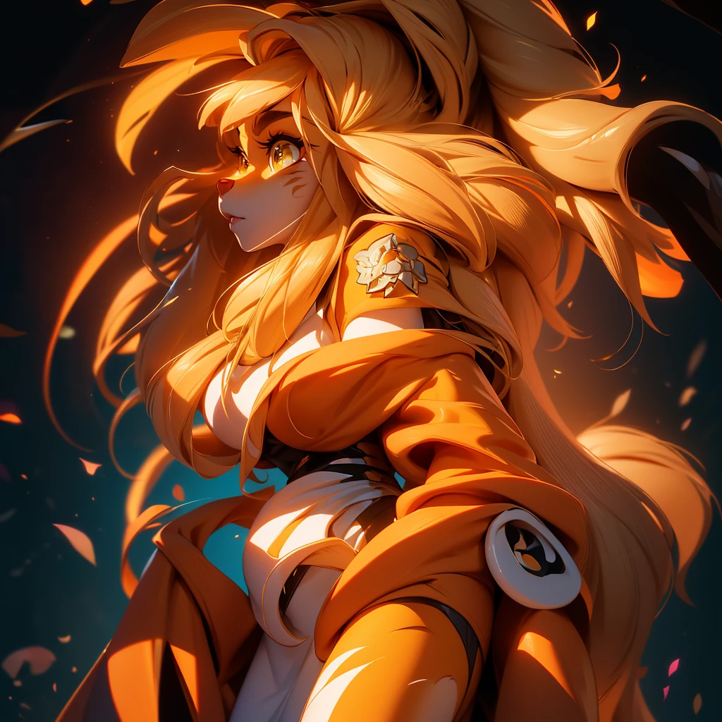 envision a 8k, highres, cinematic, beautiful extreme close up face Pinup of a cute furry female anthro, with a slender muscular body, ((long blonde hair)), long bangs, yellow eyes, Orange and White Fur, Tiger Stripes, Black T Shirt, ((((! Girl)))), ((Flora Twokinds)), in dark lighting, against a dark gray background