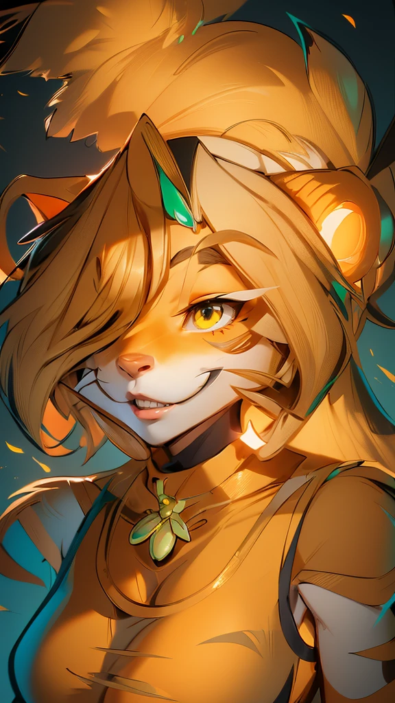 envision a 8k, highres, cinematic, beautiful full body Pinup of a cute sexy furry female anthro, with a slender petite body, (((short blonde hair))), long bangs, yellow eyes, Orange and White Fur, Tiger Stripes, Green Jacket, ((((! Girl)))), ((Flora Twokinds)), in dark lighting, against a dark gray background