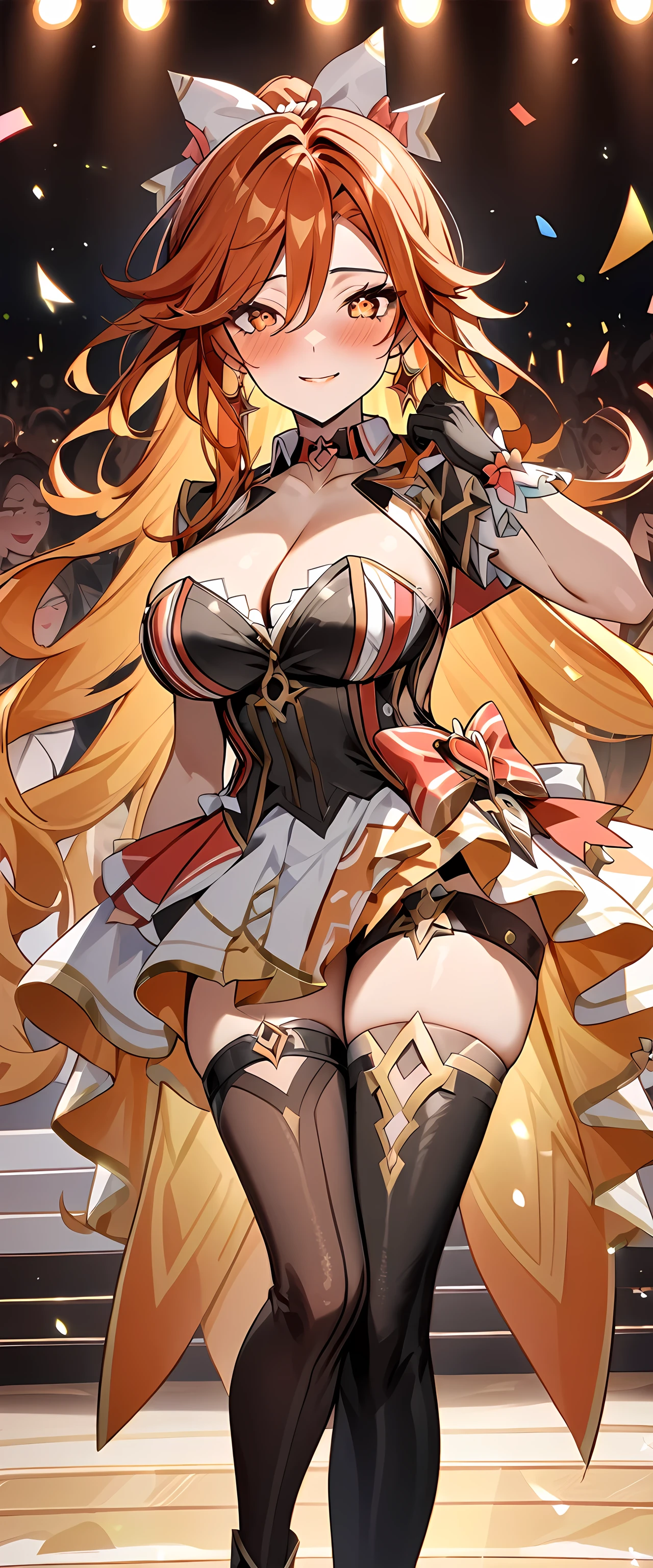 (masterpiece), best quality, expressive eyes, perfect face,1girl,(mavuika:0.7),genshin impact,idol,idol dress,idol costume,big breasts,cleavage,frilled dress,showgirl skirt,curvy,long detached gloves,thigh high stockings,thigh strap,heel boots,blush,shy smile,cowboy shot,indoors,crowd,stage,confetti,posing to the camera,long hair,ponytail,heart choker,spoken heart