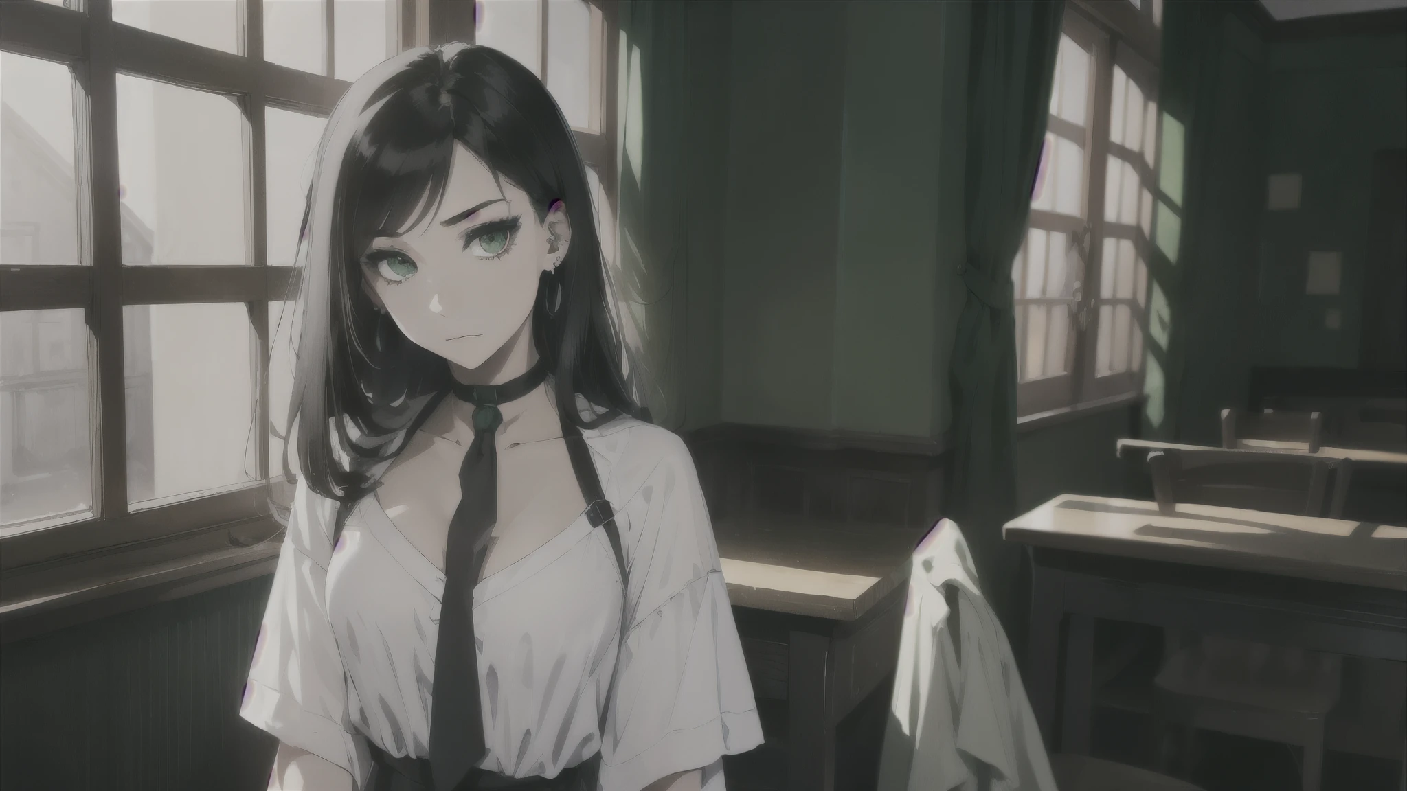 emo_hairstyle, (piercings), (black necktie), ((long hair)), ((straight hair)), (((black hair))), side swept bangs, white skin, pale, white, (green eye), tired expression, choker, ((dark makeup, mascara, eyeshadow)), multiple piercings, best quality, 8k, dark laboratory, dim lighting, white shirt, erotic, slytherin, black and white robes, (small breasts, cleavage, strap gap), hogwarts robes,
1girl, Solo, Best Quality, Masterpiece, Backlighting, Depth Of Field, Earrings,