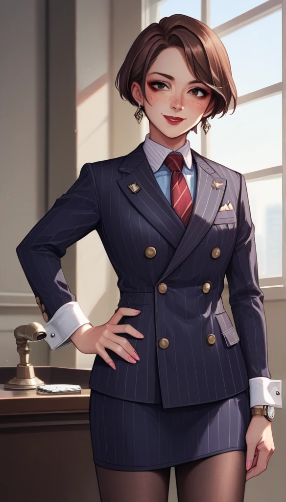 score_9, score_8_up, score_7_up, score_6_up, source_anime, double-breasted suits, 1girl, solo, brown hair, short hair, freckles, smile, pretty, formal, jewelry, navy pinstripe suit, red silk necktie, earrings, jacket, shirt, standing, hand on hip, window, black eyes, watch, navy pinstripe jacket, wristwatch, light blue shirt with white collar, red lips, navy pinstripe skirt, makeup, pantyhose, cufflinks, black lapel trim, brown eyes, pink nails,High Resolution, Blush, white cuffs