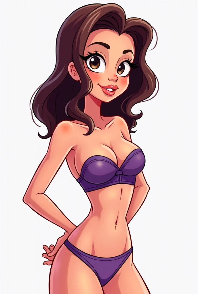 Create a cartoon image that looks like me.
light brunette, brown hair with a streak, thin blonde on each side, shorth hair, big breasts big hips and big butt and thin thin waist