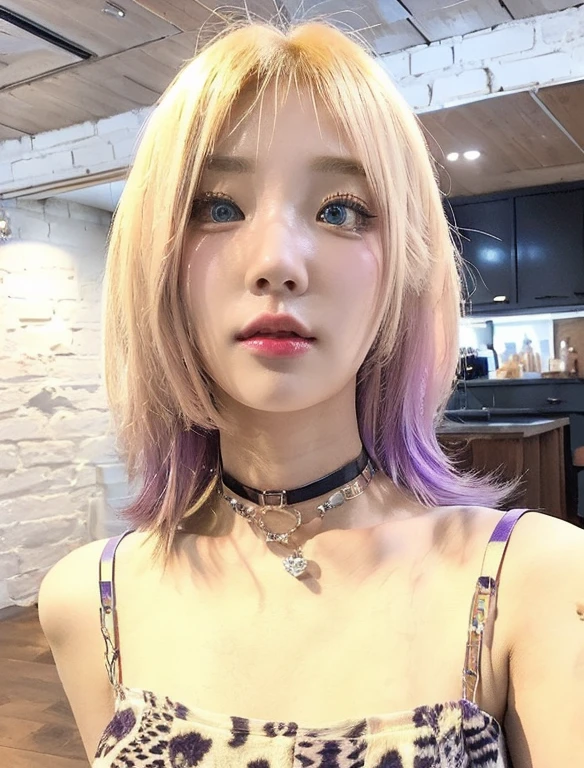  girl with short blonde and purple hair with bangs and blue like eyes, Animal print strappy top, Choker necklace with charms, Hello Kitty Tattoo, Interior setting with white brick walls and wooden floor, Soft and uniform lighting, casual and modern atmosphere.