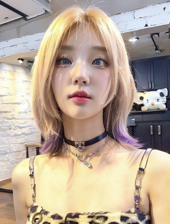  girl with short blonde and purple hair with bangs and blue like eyes, Animal print strappy top, Choker necklace with charms, Hello Kitty Tattoo, Interior setting with white brick walls and wooden floor, Soft and uniform lighting, casual and modern atmosphere.