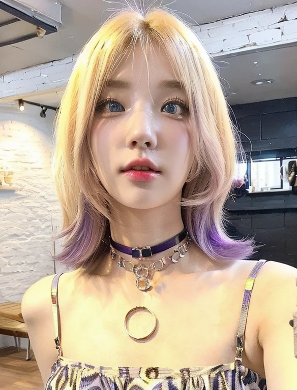  girl with short blonde and purple hair with bangs and blue like eyes, Animal print strappy top, Choker necklace with charms, Hello Kitty Tattoo, Interior setting with white brick walls and wooden floor, Soft and uniform lighting, casual and modern atmosphere.