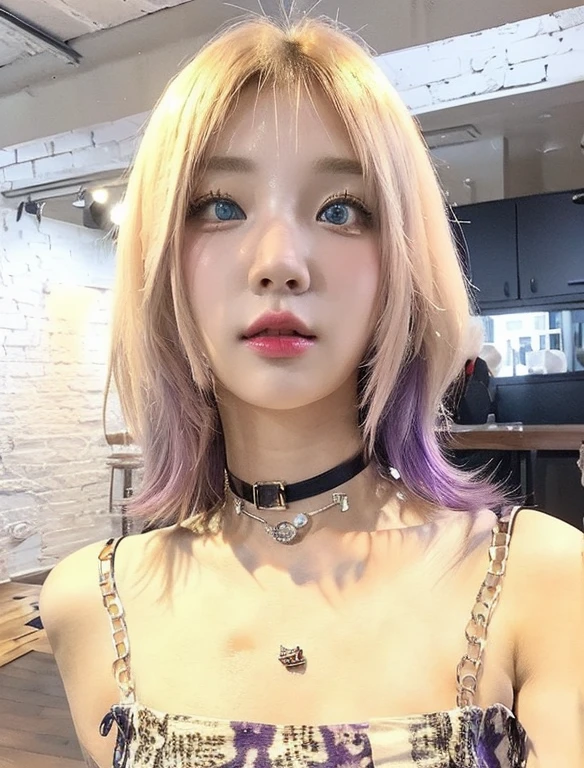  girl with short blonde and purple hair with bangs and blue like eyes, Animal print strappy top, Choker necklace with charms, Hello Kitty Tattoo, Interior setting with white brick walls and wooden floor, Soft and uniform lighting, casual and modern atmosphere.