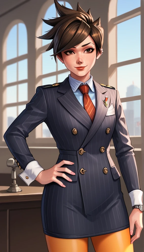 score_9, score_8_up, score_7_up, score_6_up, source_anime, double-breasted suits, tracer, 1girl, solo, brown hair, short hair, freckles, smile, pretty, formal, jewelry, navy pinstripe suit, red silk necktie, earrings, jacket, shirt, standing, hand on hip, window, black eyes, watch, navy pinstripe jacket, wristwatch, light blue shirt with white collar, red lips, navy pinstripe skirt, makeup, pantyhose, cufflinks, black lapel trim, brown eyes, pink nails,High Resolution, Blush, white cuffs