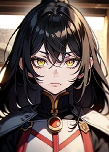 Fantasy Character. adult woman, with black hair and yellow eyes. Fair skin with freckles on nose and cheeks. A frightening look and expression. Woman in medieval clothing, White and black. Anime line medieval era .