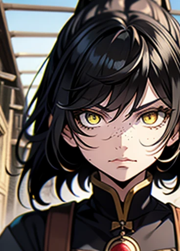 Fantasy Character. adult woman, with black hair and yellow eyes. Fair skin with freckles on nose and cheeks. A frightening look and expression. Woman in medieval clothing, White and black. Anime line medieval era .