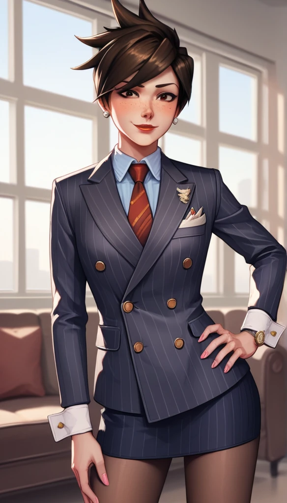 score_9, score_8_up, score_7_up, score_6_up, source_anime, double-breasted suits, TracerOv2, 1girl, solo, brown hair, short hair, freckles, smile, pretty, formal, jewelry, navy pinstripe suit, red silk necktie, earrings, jacket, shirt, standing, hand on hip, window, black eyes, watch, navy pinstripe jacket, wristwatch, light blue shirt with white collar, red lips, navy pinstripe skirt, makeup, pantyhose, cufflinks, black lapel trim, brown eyes, pink nails,High Resolution, Blush, white cuffs