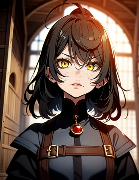 Fantasy Character. adult woman, with black hair and yellow eyes. Fair skin with freckles on nose and cheeks. A frightening look and expression. Woman in medieval clothing, White and black. Anime line medieval era .