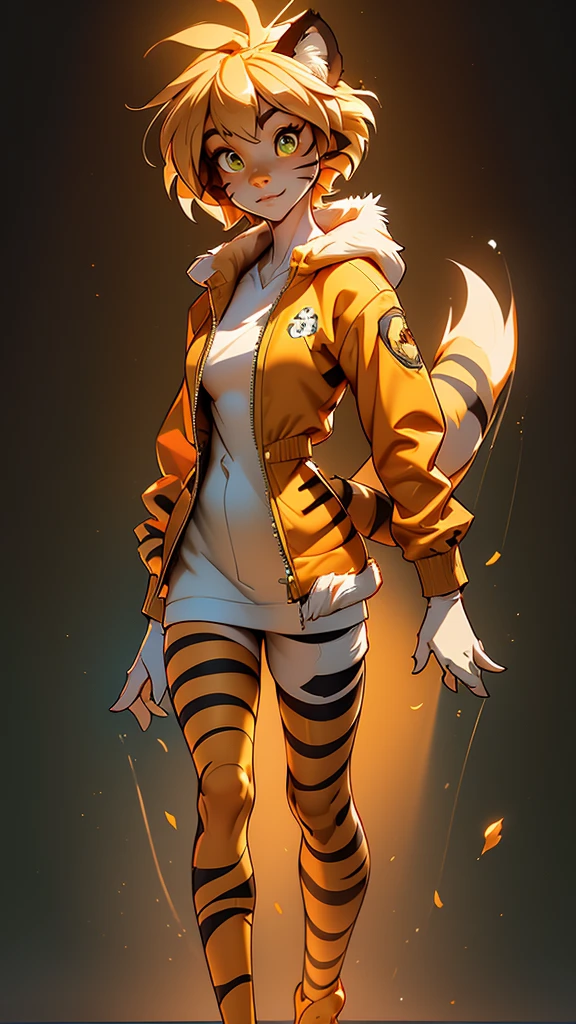 envision a 8k, highres, cinematic, beautiful full body Pinup of a cute sexy furry female anthro, with a slender petite body, (((short blonde hair))), long bangs, yellow eyes, Orange and White Fur, Tiger Stripes, Green Jacket, ((((! Girl)))), ((Flora Twokinds)), in dark lighting, against a dark gray background