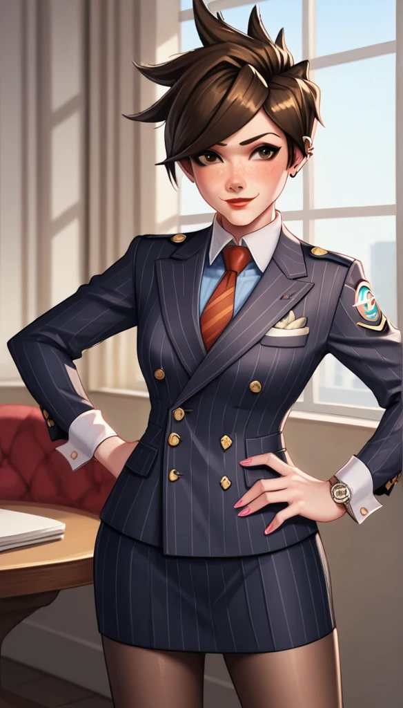 score_9, score_8_up, score_7_up, score_6_up, source_anime, double-breasted suits, tracer, 1girl, solo, brown hair, short hair, freckles, smile, pretty, formal, jewelry, navy pinstripe suit, red silk necktie, earrings, jacket, shirt, standing, hand on hip, window, black eyes, watch, navy pinstripe jacket, wristwatch, light blue shirt with white collar, red lips, navy pinstripe skirt, makeup, pantyhose, cufflinks, black lapel trim, brown eyes, pink nails,High Resolution, Blush, white cuffs