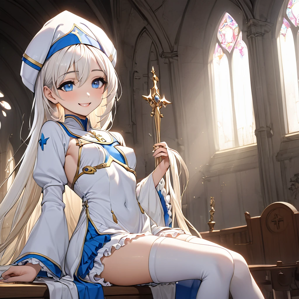 Priestess, 1 girl, solo, bionde, Long Hair, Blue eyes, White Dress, white hat, White thigh-high boots, Black frilly shorts、Inside an empty church、Smile、Small Breasts、Baby Face Break Masterpiece、Beautiful attention to detail:1.2, Perfect lighting, (perfect hand, perfect anatomy), Precise depiction、Vibrant colors 