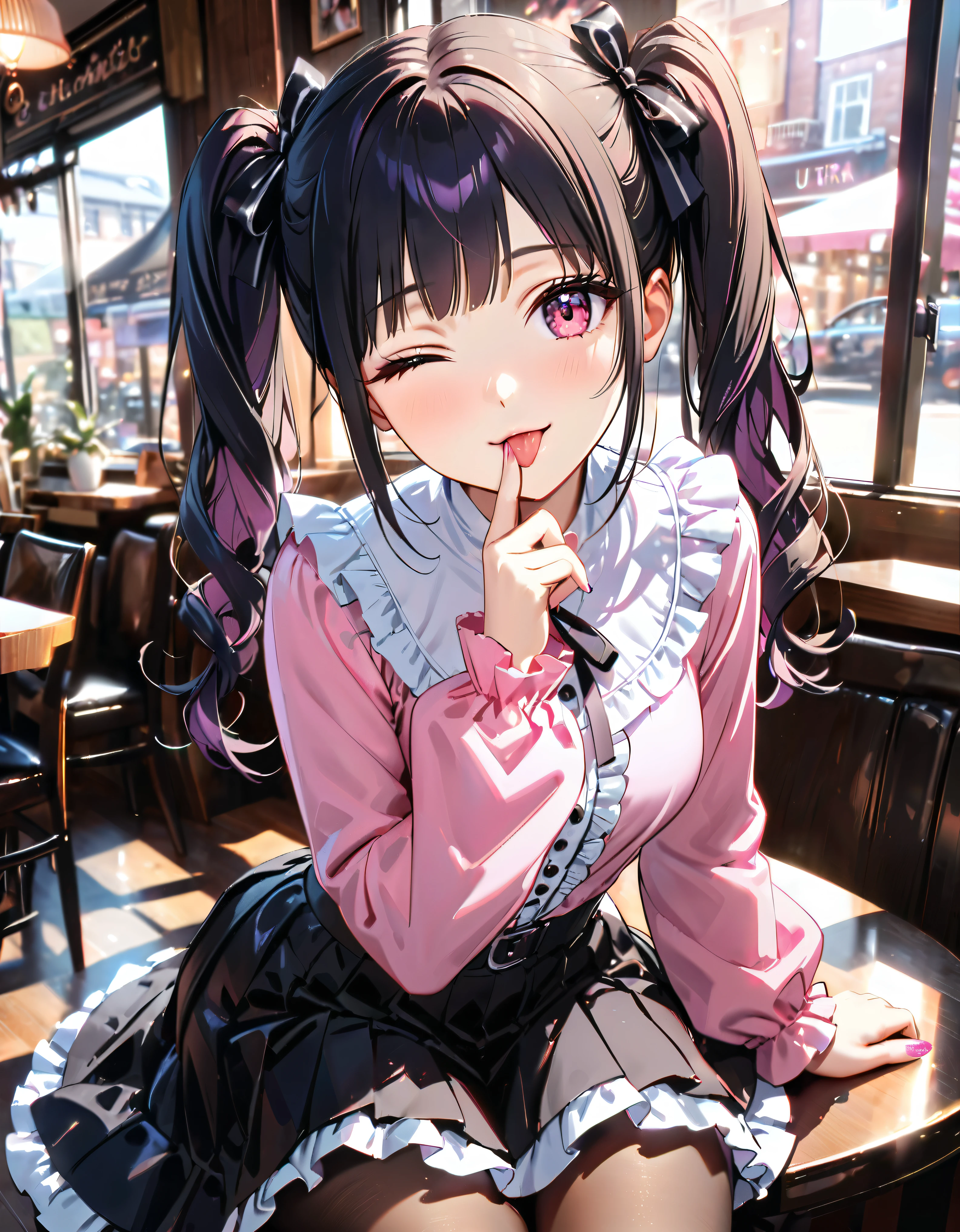 (((blouse pink blouse))), (frilled shirt with black ribbon and lot of frills), (cute lace-up pleated skirt with ruffles:1.2), (lace-up skirt, skirt black skirt:1.2), jirai kei costume, sit down, one eye closed, finger to mouth, tongue out, head tilt, anime girl, teen girl, cute, very cute, (hair black hair, fluffy middle twintails:1.2), pantyhose, hyper detail face, Inside the cafe, shallow depth of field, blurry background, boke, cinematic shadows, (((Masterpiece, top quality, Spectacular Quality, Distinguished Quality, ultra detailed, ultra high res, unity 16k, 32k, ultra photo realistic, reality, hyper realistic))),