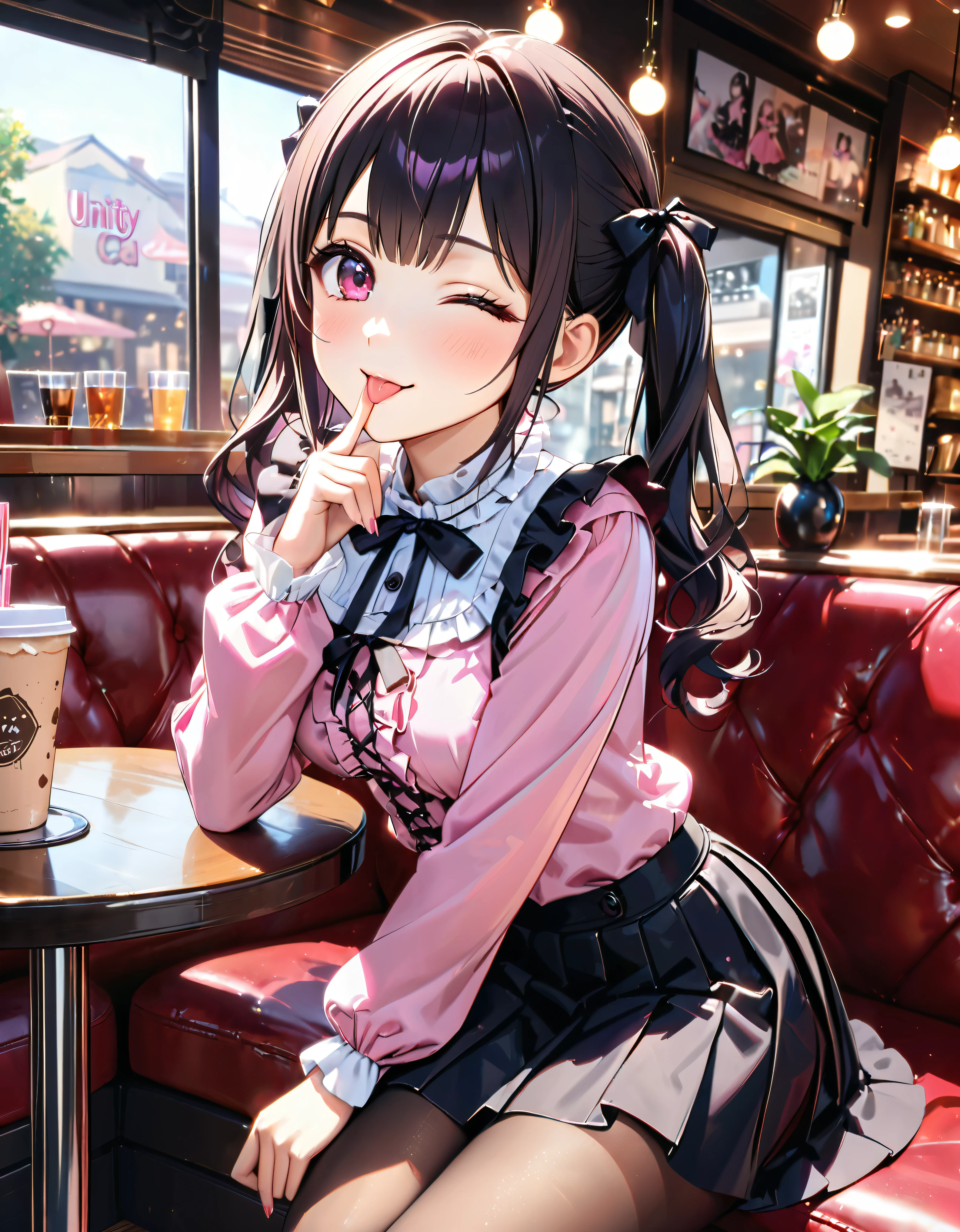 (((blouse pink blouse))), (frilled shirt with black ribbon and lot of frills), (cute lace-up pleated skirt with ruffles:1.2), (lace-up skirt, skirt black skirt:1.2), jirai kei costume, sit down, one eye closed, finger to mouth, tongue out, head tilt, anime girl,  girl, cute, very cute, (hair black hair, fluffy middle twintails:1.2), pantyhose, hyper detail face, Inside the cafe, shallow depth of field, blurry background, boke, cinematic shadows, (((Masterpiece, top quality, Spectacular Quality, Distinguished Quality, ultra detailed, ultra high res, unity 16k, 32k, ultra photo realistic, reality, hyper realistic))),