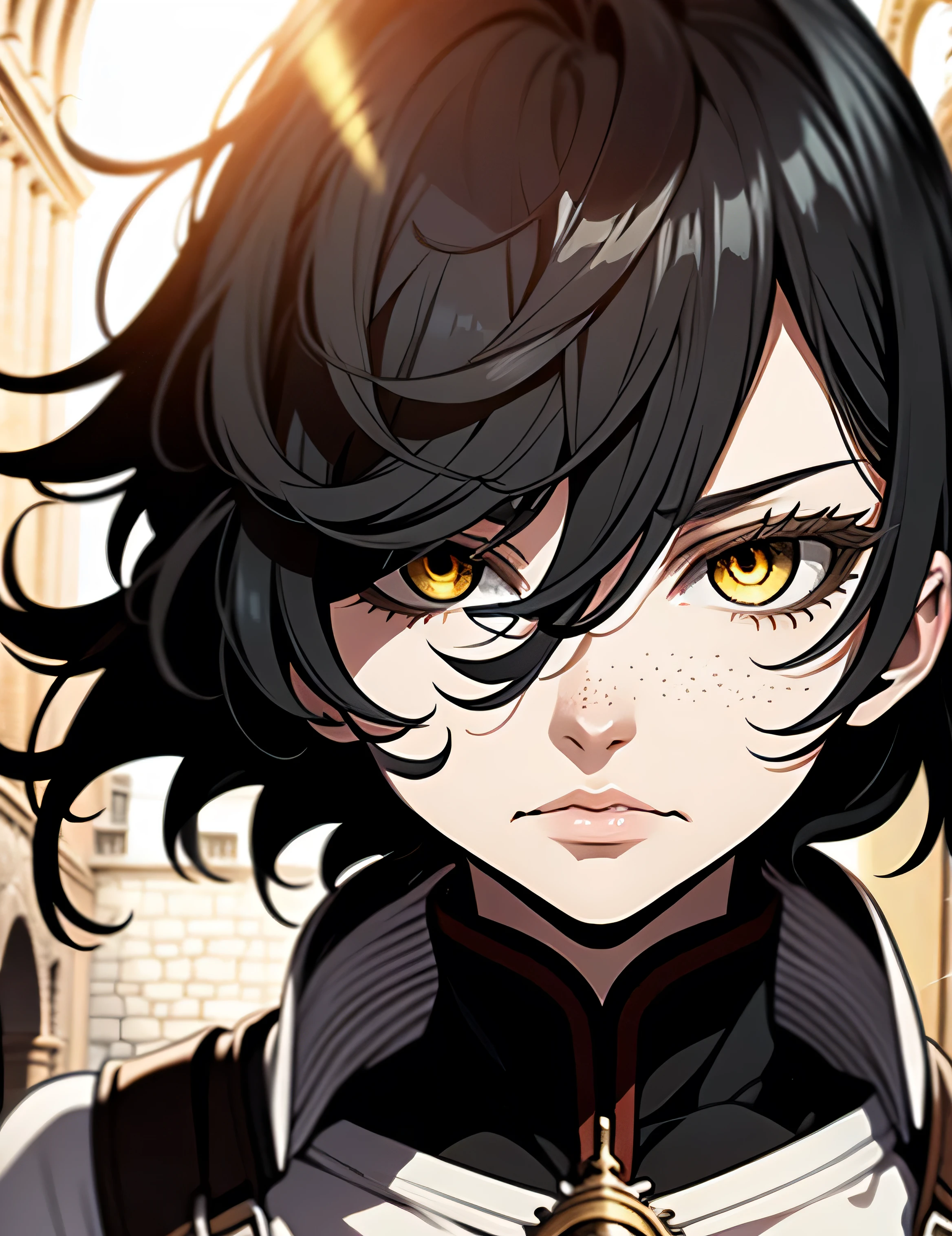 Fantasy Character. adult woman, with black hair and yellow eyes. Fair skin with freckles on nose and cheeks. A frightening look and expression. Woman in medieval clothing, White and black. Anime line medieval era .