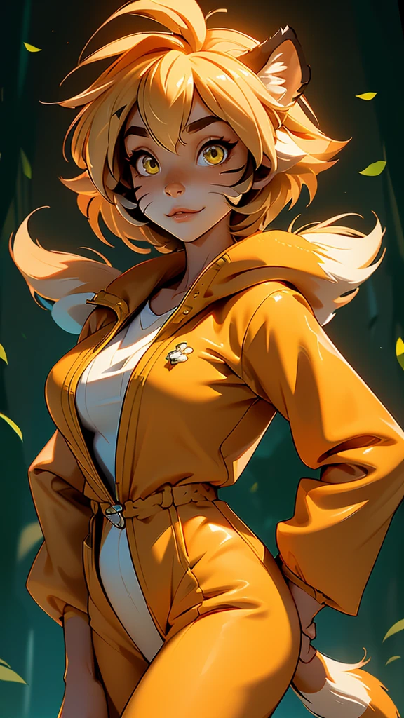 envision a 8k, highres, cinematic, beautiful Close Up Face Pinup of a cute sexy furry female anthro, with a slender petite body, (((short blonde hair))), long bangs, yellow eyes, Orange and White Fur, Tiger Stripes, Green Jacket, ((((! Girl)))), ((Flora Twokinds)), in dark lighting, against a dark gray background