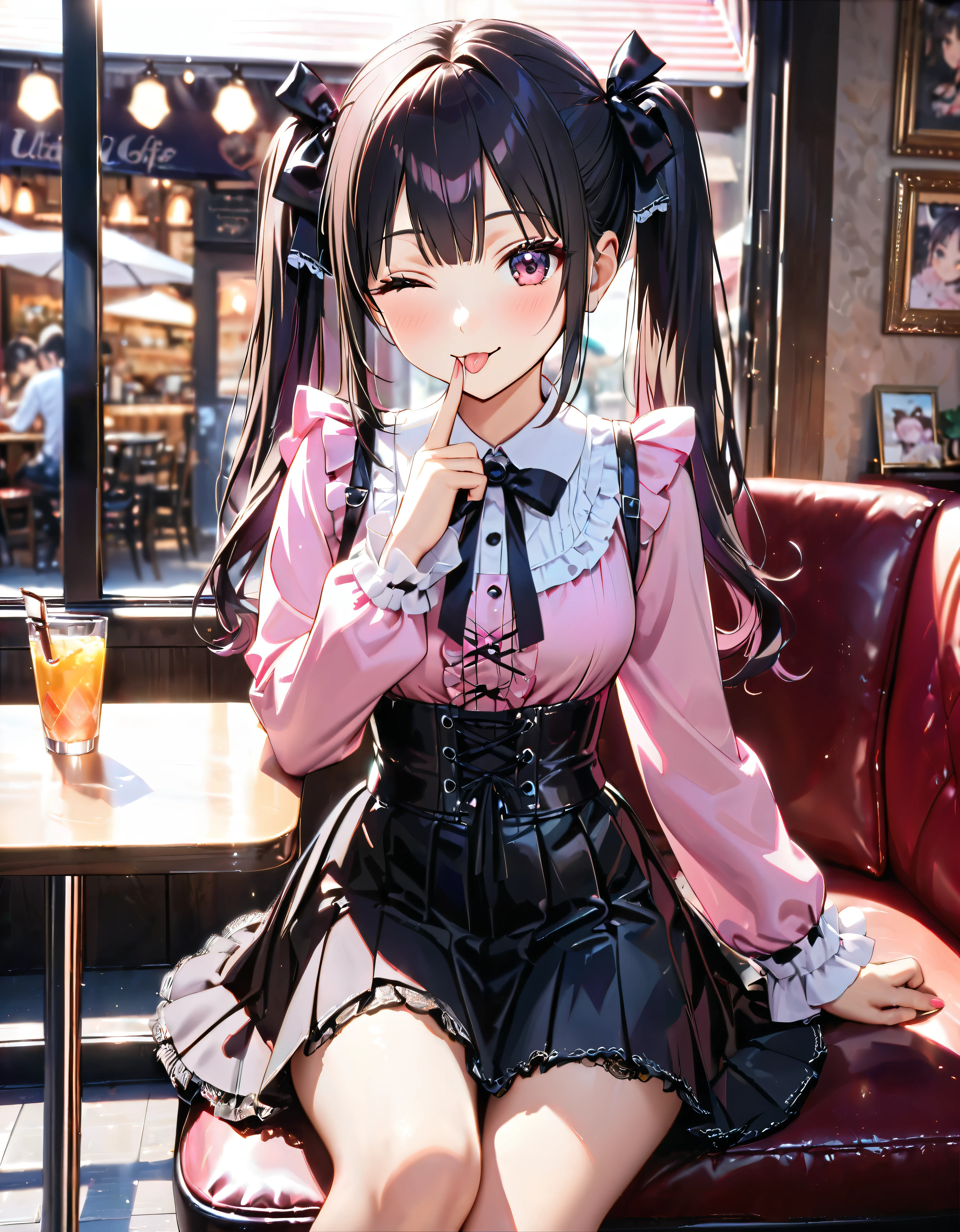 (((blouse pink blouse))), (frilled shirt with black ribbon and lot of frills), (cute lace-up pleated skirt with ruffles:1.2), (lace-up skirt, skirt black skirt:1.2), jirai kei costume, sit down, one eye closed, finger to mouth, tongue out, head tilt, anime girl, girl, cute, very cute, (hair black hair, fluffy middle twintails:1.2), pantyhose, hyper detail face, Inside the cafe, shallow depth of field, blurry background, boke, cinematic shadows, (((Masterpiece, top quality, Spectacular Quality, Distinguished Quality, ultra detailed, ultra high res, unity 16k, 32k, ultra photo realistic, reality, hyper realistic))),