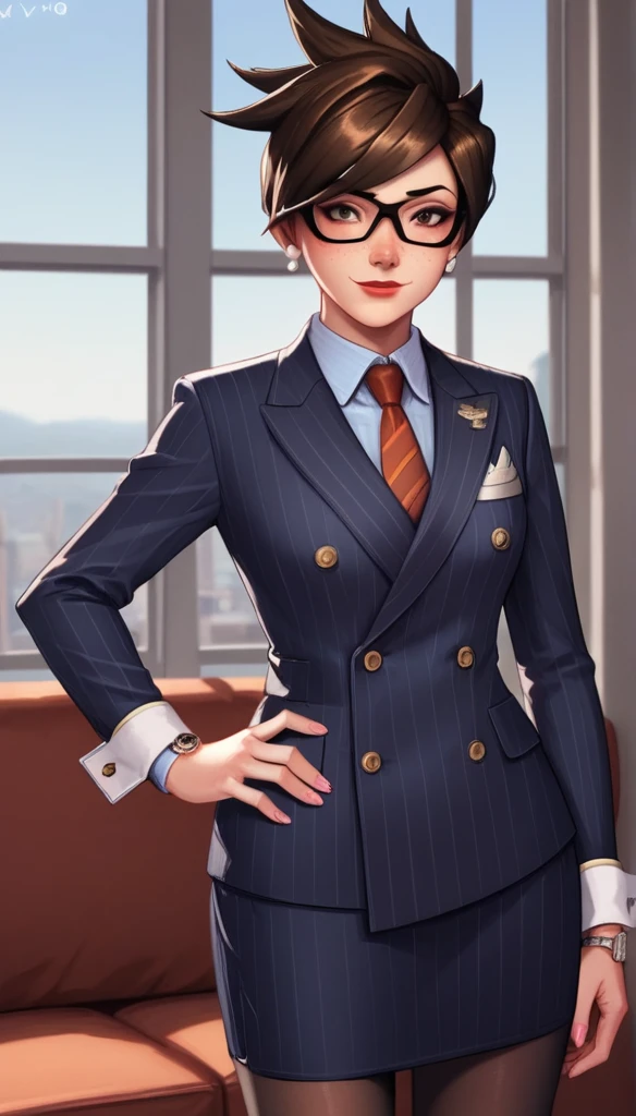 score_9, score_8_up, score_7_up, score_6_up, source_anime, double-breasted suits, TracerOv2, 1girl, solo, brown hair, short hair, freckles, smile, pretty, formal, jewelry, glasses, navy pinstripe suit, red silk necktie, earrings, jacket, shirt, standing, hand on hip, window, black eyes, watch, navy pinstripe jacket, wristwatch, light blue shirt with white collar, red lips, navy pinstripe skirt, makeup, black pantyhose, cufflinks, black lapel trim, brown eyes, pink nails,High Resolution, Blush, white cuffs