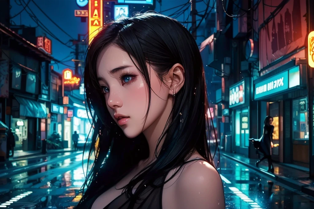 1 girl, black  dress, Best Illustrations, Blue LED light, high tech, Ultra-high resolution, 32K, (detailed:1.4), Cyberpunk City Background, Rainy Street, Beautiful Face, Professional Lighting, masterpiece, Very delicate and beautiful, Professional photos, (((cowboy shot))),