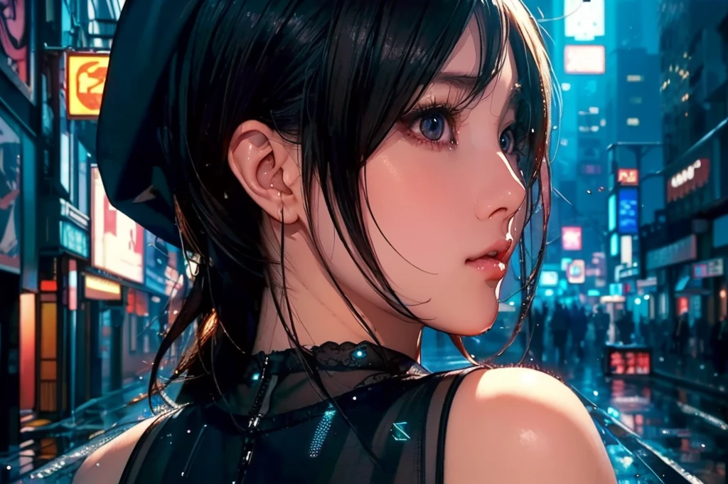 1 girl, black  dress, Best Illustrations, Blue LED light, high tech, Ultra-high resolution, 32K, (detailed:1.4), Cyberpunk City Background, Rainy Street, Beautiful Face, Professional Lighting, masterpiece, Very delicate and beautiful, Professional photos, (((upper body shot))),