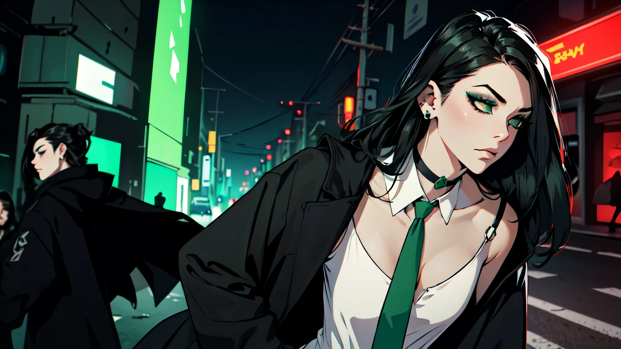 1girl, detailed face, detailed Beauty, ((hair over eye)), emo_hairstyle, (piercings), (black necktie), ((long hair)), ((straight hair)), (((black hair))), side swept bangs, white skin, pale, white, (green eye), tired expression, choker, ((dark makeup, mascara, eyeshadow)), multiple piercings, best quality, 8k, cyberpunk city, neon streets, white shirt, erotic, slytherin, dark gothic, detective, black overcoat, (small breasts, cleavage, strap gap), Solo, 1girl, Super Detailed,
