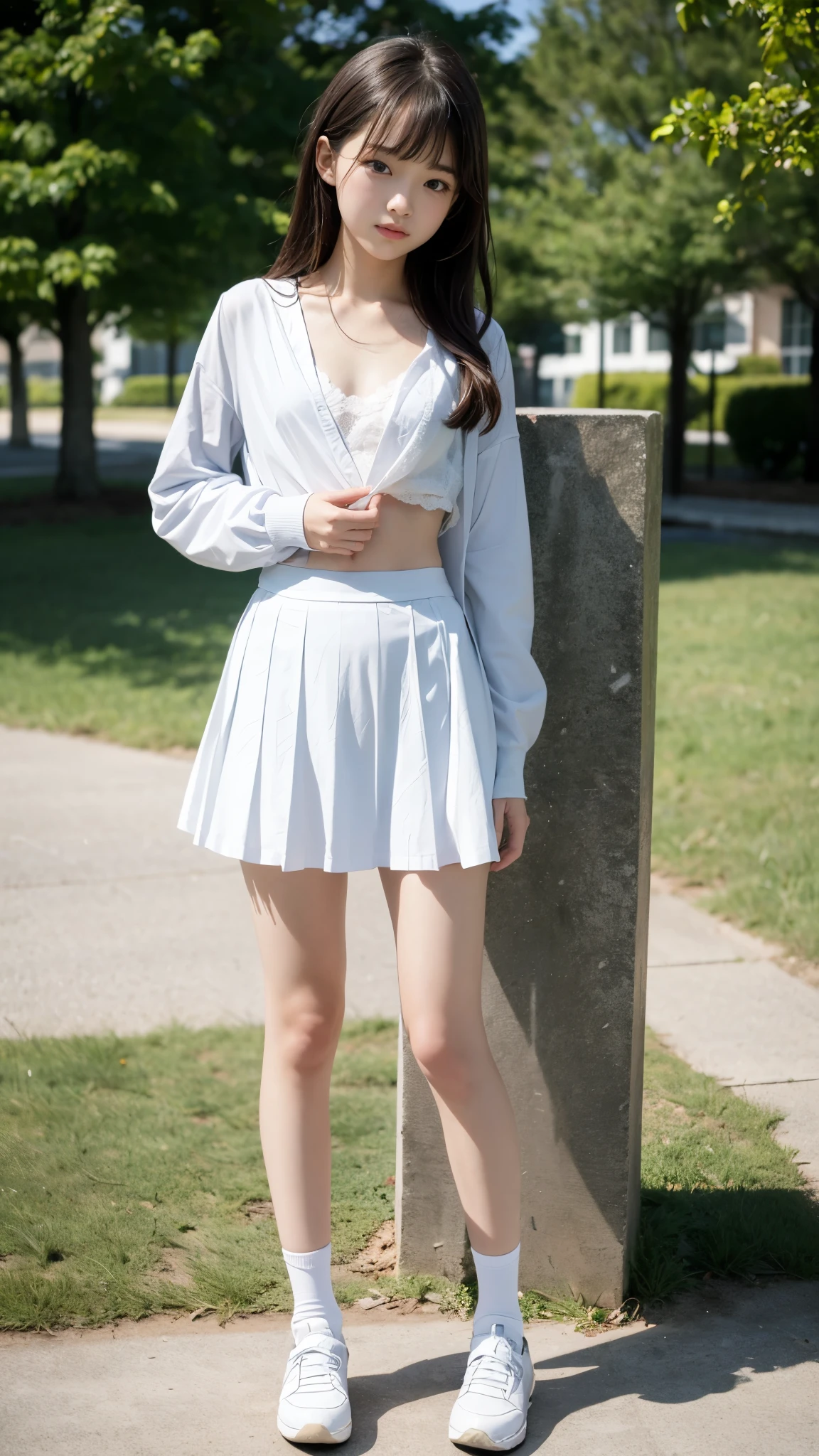 High detail, Textured skin, Very detailed, Ultra high definition, High-resolution model, Detailed face、bare navel、Twins, two girls, two high school girls、(((flat chest))), (flat chest:1.1)、 ars、a junih school stuiforms、Cute, young, (Full body:1.3)、Ultra-detail、masterpiece、top-quality、超A high resolution、8K high image quality、Photogenic clarity、A detailed eye、Real live-action、Spring outdoor、Model Standing、Beautiful posture、High detail, Textured skin, Very detailed, Ultra high definition, High-resolution model,
