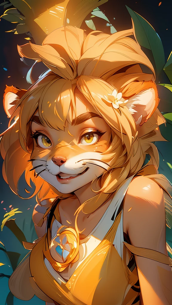 envision a 8k, highres, cinematic, beautiful Close Up Face Pinup of a cute sexy furry female anthro, with a slender petite body, (((short blonde hair))), long bangs, yellow eyes, Orange and White Fur, Tiger Stripes, (((Tank Top))), ((((! Girl)))), ((Flora Twokinds)), in dark lighting, against a dark gray background