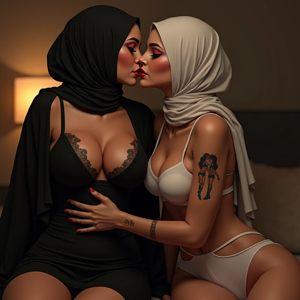 Cinematic, RAW, realistic graphics, realistic textures, Best quality, high resolution, Masterpiece, High-definition, ultra-detailed, ultra-realistic rendering, soft focus, ultra-hd, realistic body proportions, 2 sisters, pretty face, hot body, cute eyes, ((hijab)), tight tshirt, no pants, in bedroom, detailed bedroom, (((pooping on the floor))), (((poop dripping from ass))), (((intimately kissing her sister on the lips))), emotionally charged moment, close relationship, affectionate gesture,