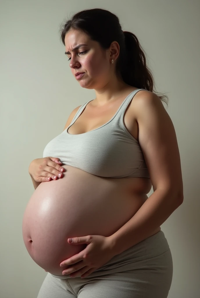create a high resolution image of a woman with an exaggeratedly large pregnant belly and her face is scared
