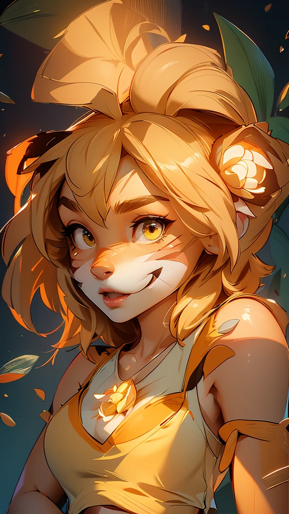 envision a 8k, highres, cinematic, beautiful Close Up Face Pinup of a cute sexy furry female anthro, with a slender petite body, (((short blonde hair))), long bangs, yellow eyes, Orange and White Fur, Tiger Stripes, (((Tank Top))), ((((! Girl)))), ((Flora Twokinds)), in dark lighting, against a dark gray background