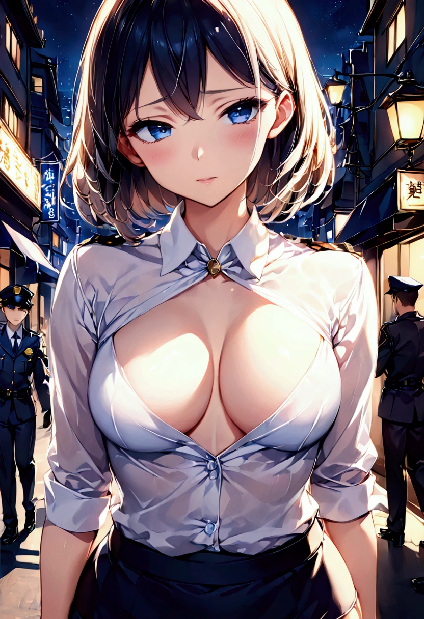 高いquality illustration, masterpiece, Very delicate and beautiful, Slender body, Anime Style, Beautiful Eyes, masterpiece, Highest quality, High resolution, Very detailed, Perfect lighting、Very young、1 female、Mid-chest、policewoman、Cleavage、Blushing、City of night、White blouse