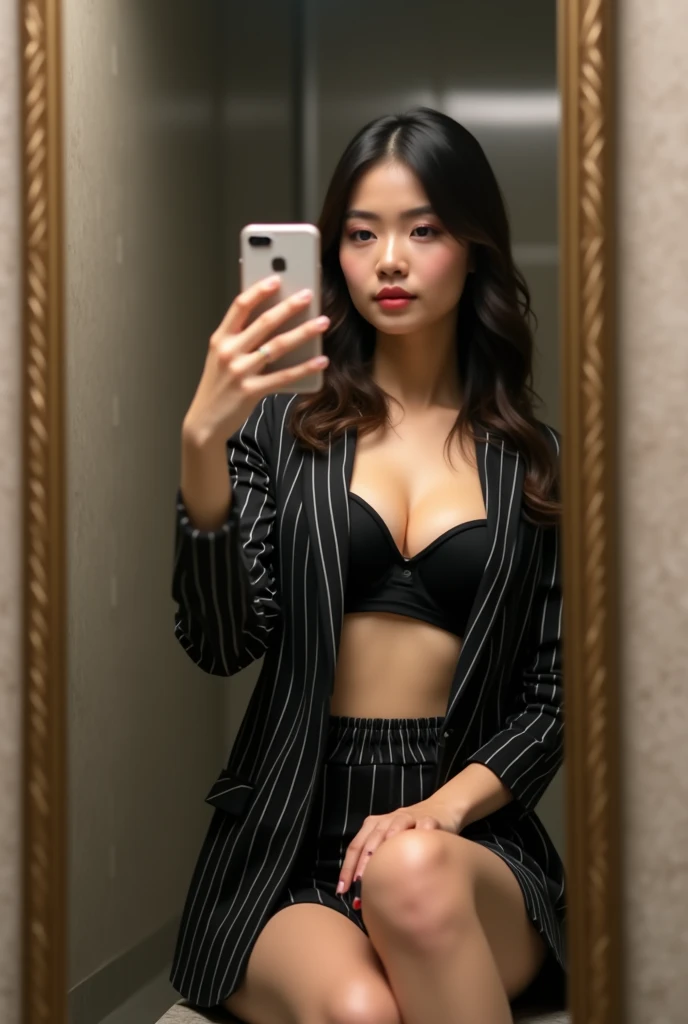 A medium full shot photo of a mirror selfie of a young beautiful japanese woman with muscular body, small saging breast, slightly plump body, she wear unbuttoned biker jacket, beautiful white bra with A cup and white victoria secret panties .. She is holding up a handwritten note with the text "f**k me for an iPhone" while taking a photo with her iPhone 15 Pro in a restroom, photo, photography, high quality photo, stock photo quality, 8k, cinematic exposure.