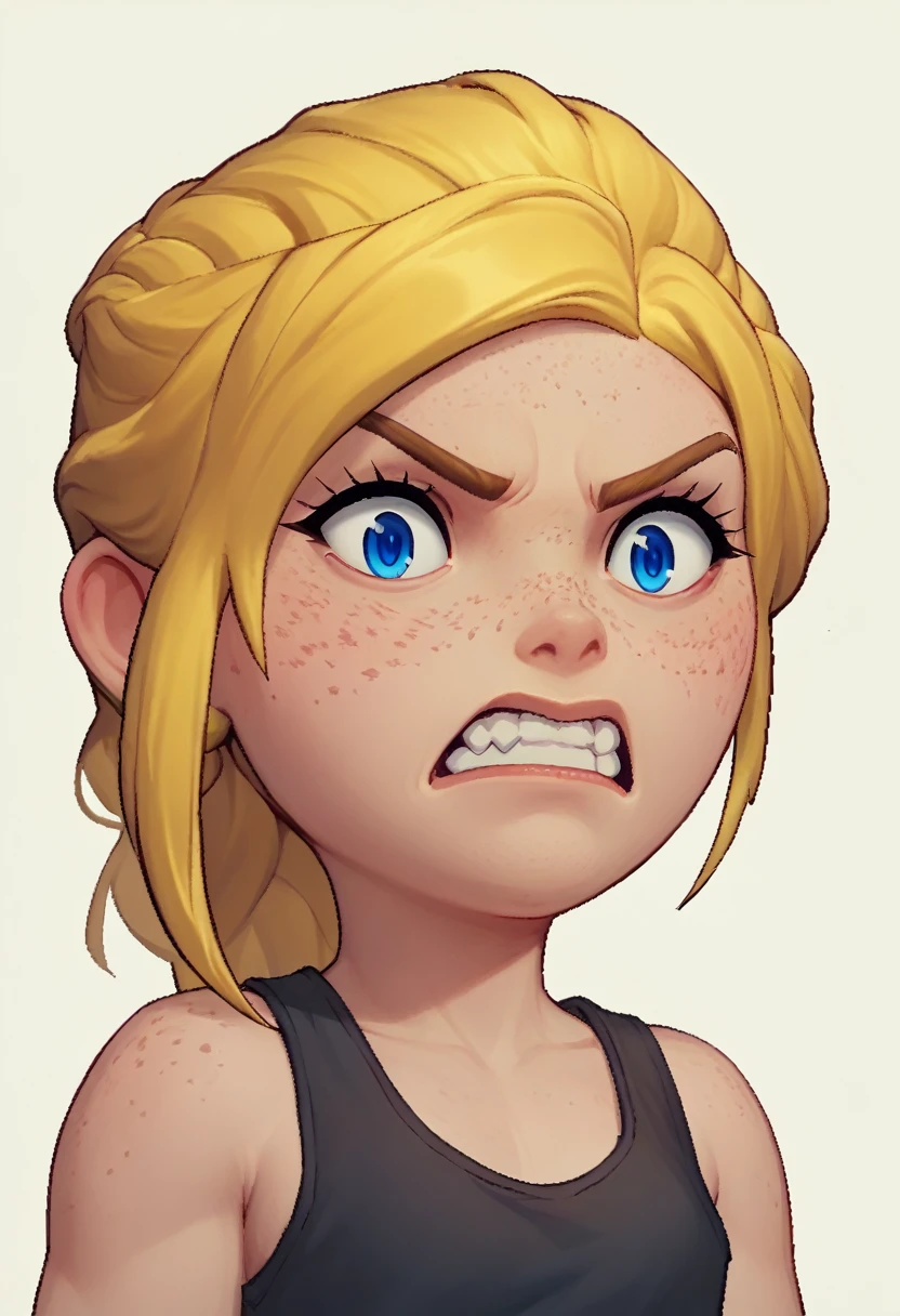 simple background, white background, upper body, freckles, blue eyes, blonde hair, braid, tank top, large hip, very angry, teeth