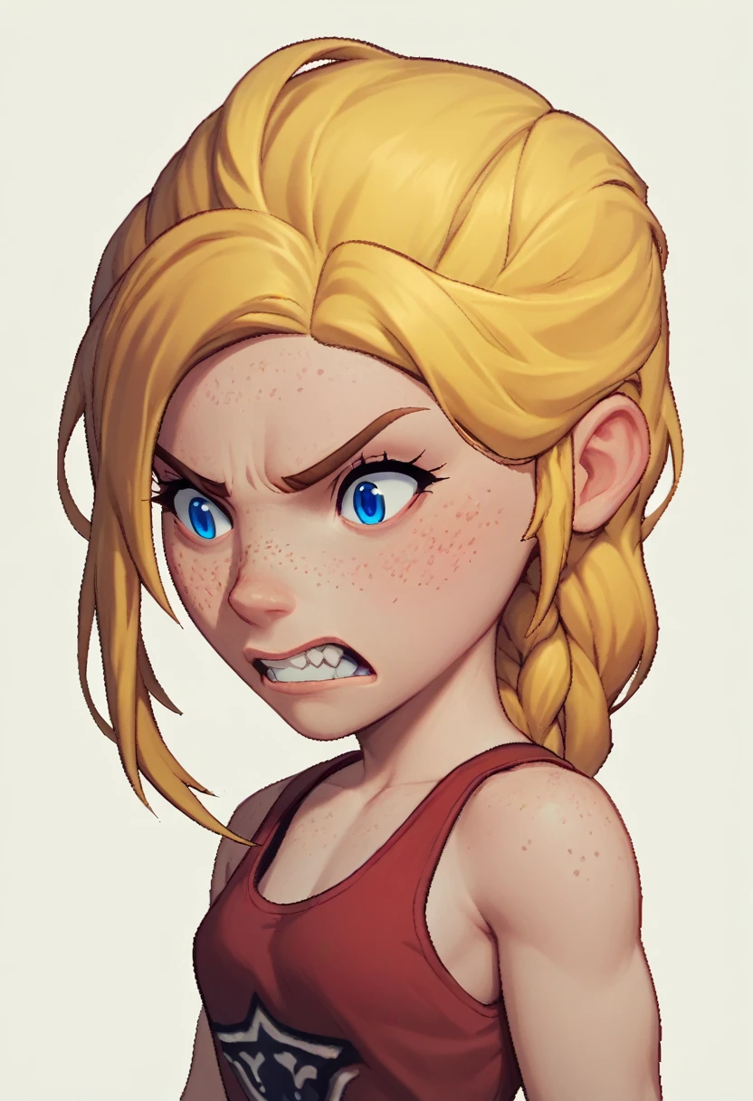 simple background, white background, upper body, freckles, blue eyes, blonde hair, braid, tank top, large hip, very angry, teeth