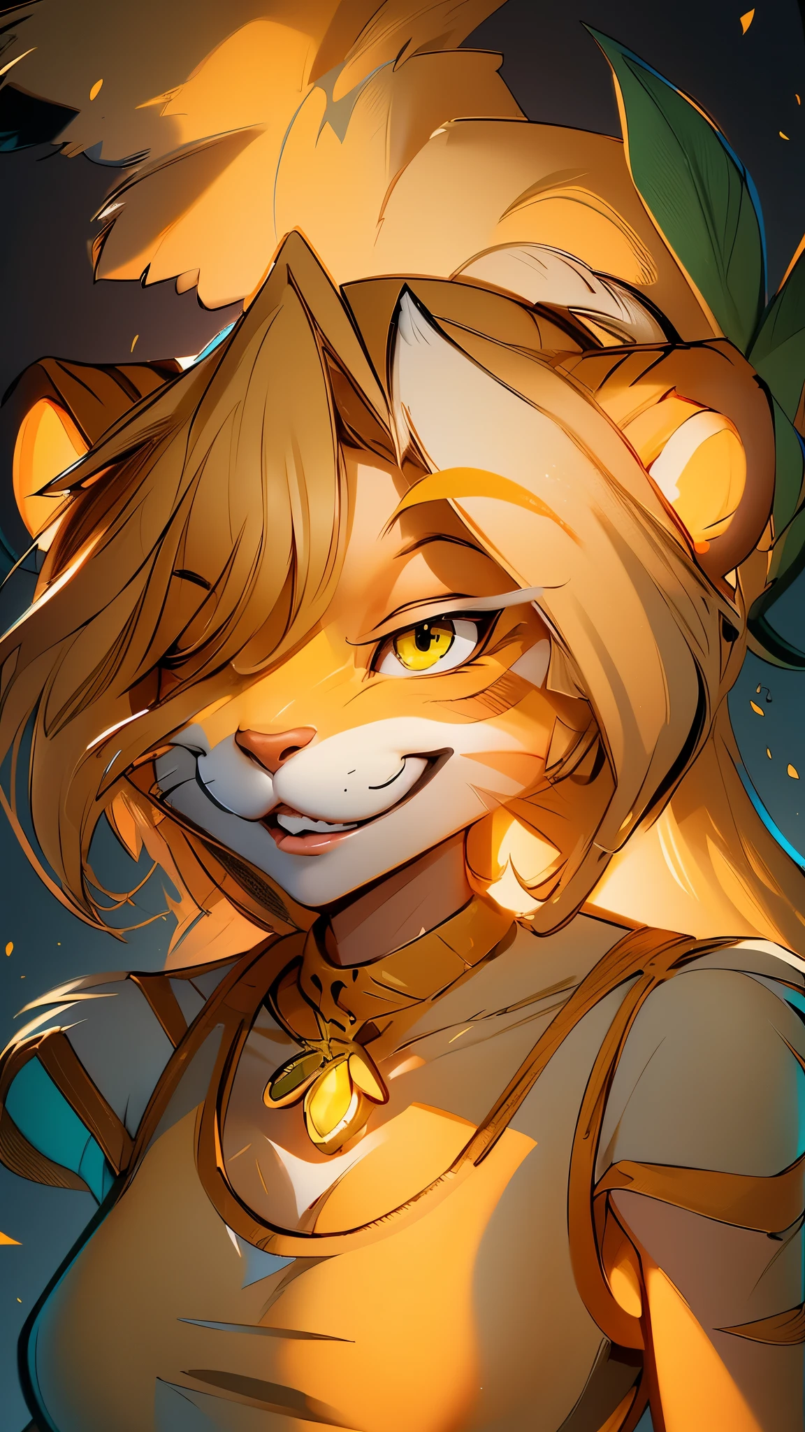 envision a 8k, highres, cinematic, beautiful full body Pinup of a cute sexy furry female anthro, with a slender petite body, (((short blonde hair))), long bangs, yellow eyes, Orange and White Fur, Tiger Stripes, Green Jacket, ((((! Girl)))), ((Flora Twokinds)), in dark lighting, against a dark gray background