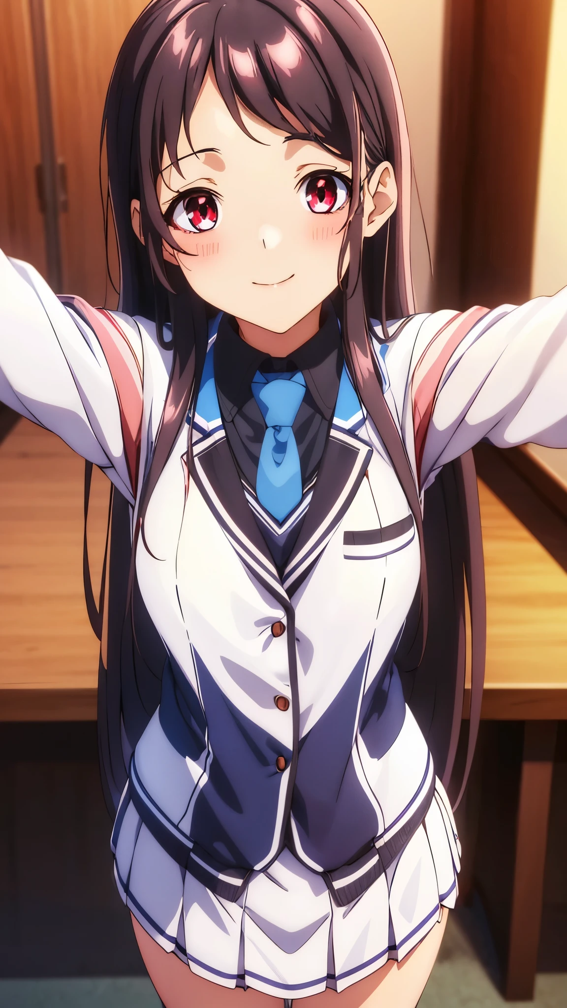 Show your armpits,Kaori Hojo, girl, (masterpiece: 1.1), (highest quality: 1.1), red eyes, long hair, cute smile, blush, ((school uniform), jacket, sleeve, tie, white skirt), pantyhose, loafers, school room, ((Swayback stance:1.2)), (cinematic angle:1.3, upper body), gravure,