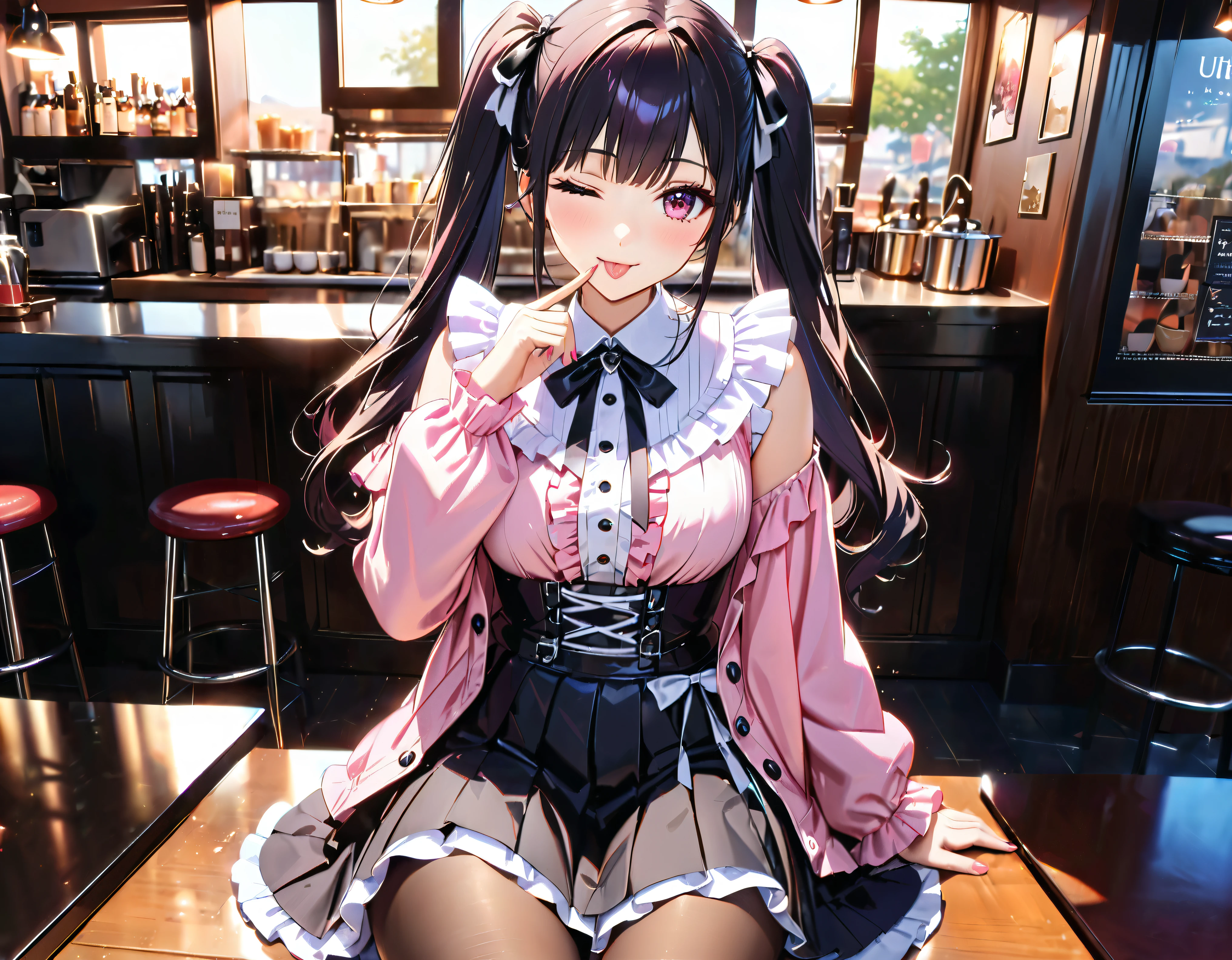 (((blouse pink blouse))), (frilled shirt with black ribbon and lot of frills), (cute lace-up pleated skirt with ruffles:1.2), (lace-up skirt, skirt black skirt:1.2), jirai kei costume, sit down, one eye closed, finger to mouth, tongue out, head tilt, anime girl, girl, cute, very cute, (hair black hair, fluffy middle twintails:1.2), pantyhose, hyper detail face, Inside the cafe, shallow depth of field, blurry background, boke, cinematic shadows, (((Masterpiece, top quality, Spectacular Quality, Distinguished Quality, ultra detailed, ultra high res, unity 16k, 32k, ultra photo realistic, reality, hyper realistic))),