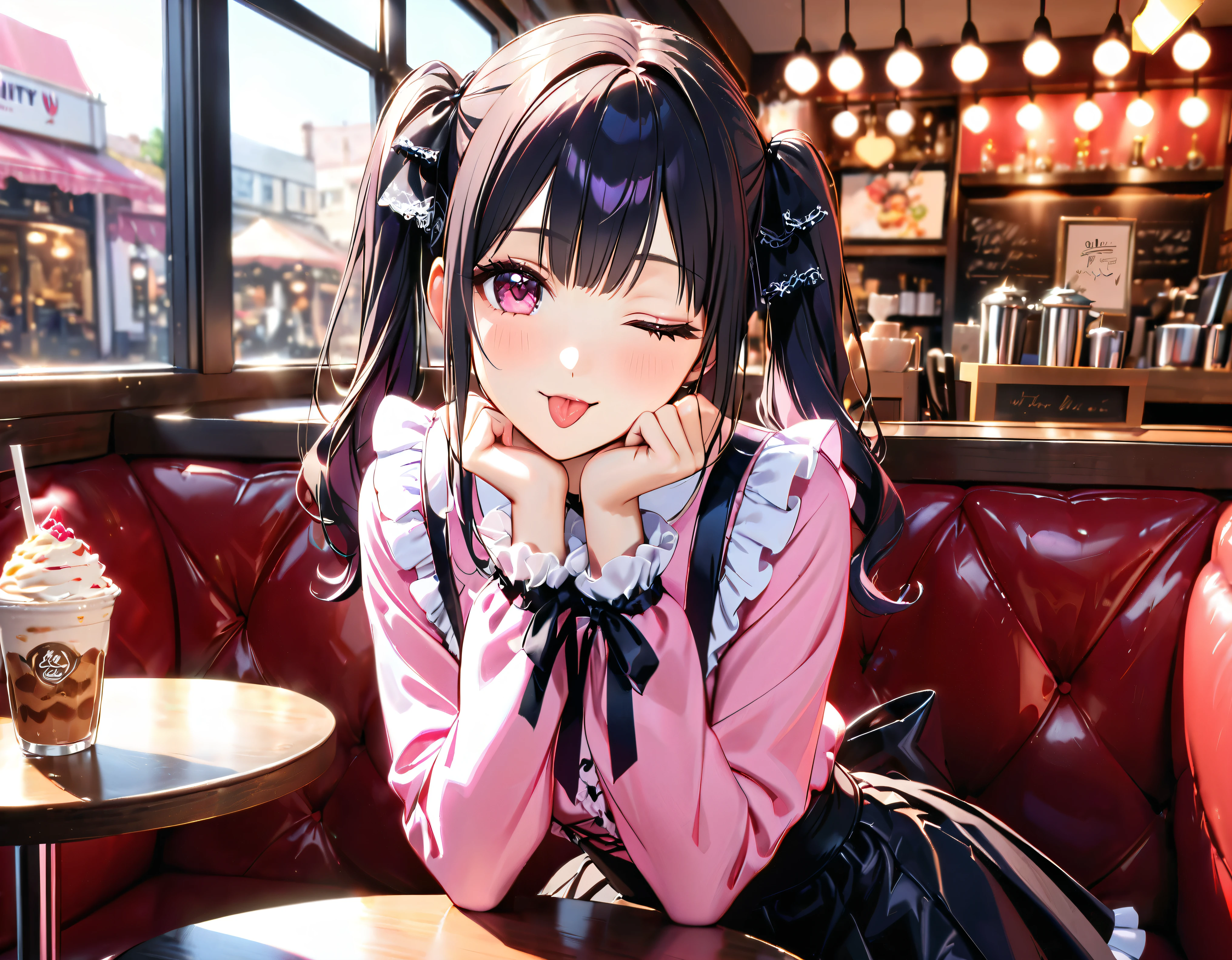 (((blouse pink blouse))), (frilled shirt with black ribbon and lot of frills), (cute lace-up pleated skirt with ruffles:1.2), (lace-up skirt, skirt black skirt:1.2), jirai kei costume, sit down, one eye closed, finger to mouth, tongue out, head tilt, anime girl, girl, cute, very cute, (hair black hair, fluffy middle twintails:1.2), pantyhose, hyper detail face, Inside the cafe, shallow depth of field, blurry background, boke, cinematic shadows, (((Masterpiece, top quality, Spectacular Quality, Distinguished Quality, ultra detailed, ultra high res, unity 16k, 32k, ultra photo realistic, reality, hyper realistic))),