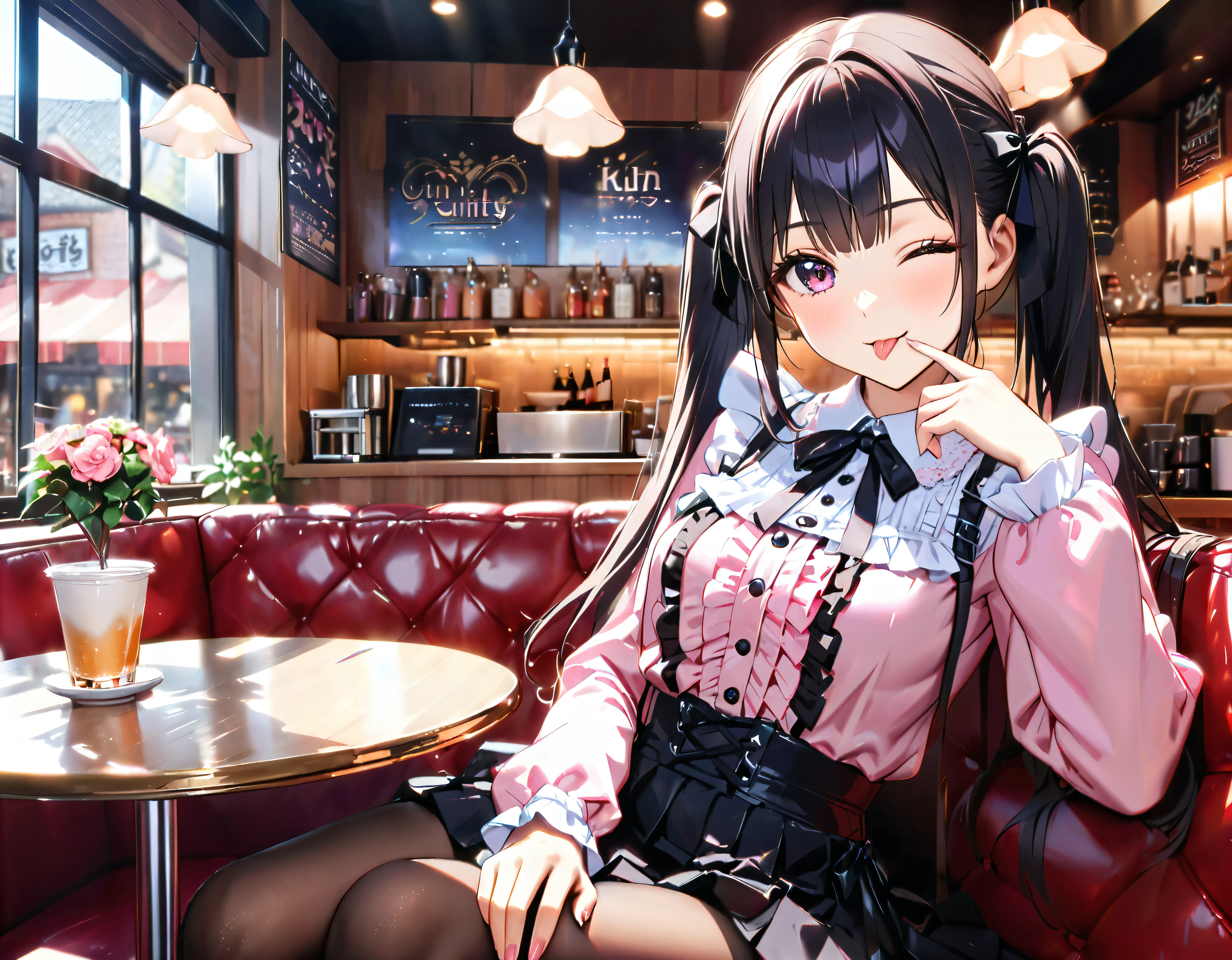 (((blouse pink blouse))), (frilled shirt with black ribbon and lot of frills), (cute lace-up pleated skirt with ruffles:1.2), (lace-up skirt, skirt black skirt:1.2), jirai kei costume, sit down, one eye closed, finger to mouth, tongue out, head tilt, anime girl,  girl, cute, very cute, (hair black hair, fluffy middle twintails:1.2), pantyhose, hyper detail face, Inside the cafe, shallow depth of field, blurry background, boke, cinematic shadows, (((Masterpiece, top quality, Spectacular Quality, Distinguished Quality, ultra detailed, ultra high res, unity 16k, 32k, ultra photo realistic, reality, hyper realistic))),