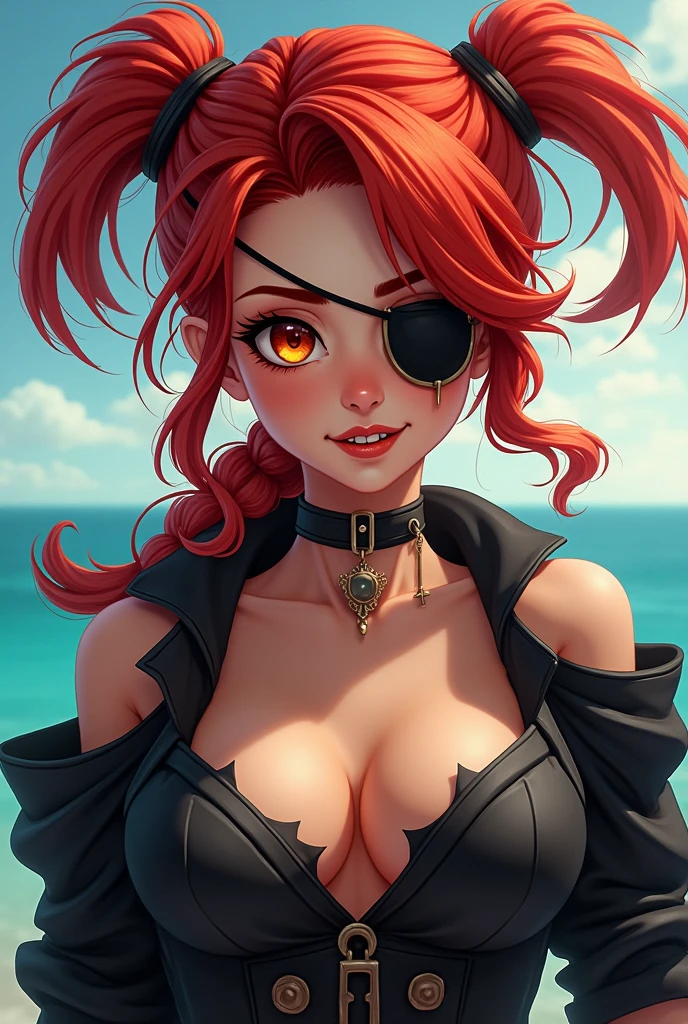 A tall girl with brown skin and orange hair in a long braid, she wears a black necklace with a pearl in the center, She has fox ears and is a pirate, and she's the captain.