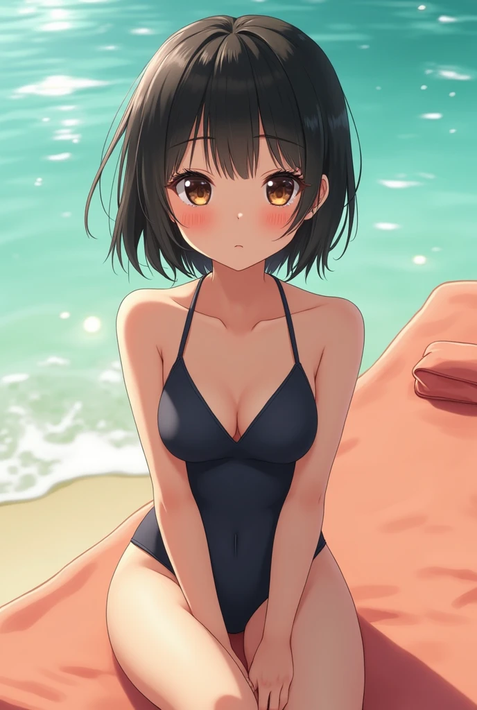 An anime oc Hair: a little short black eyes: yellow and fallen Pose: greeting, serious and with hair moving Clothes: Cute black bikini with bottom: Beach Features: cute and adorable woman, anime