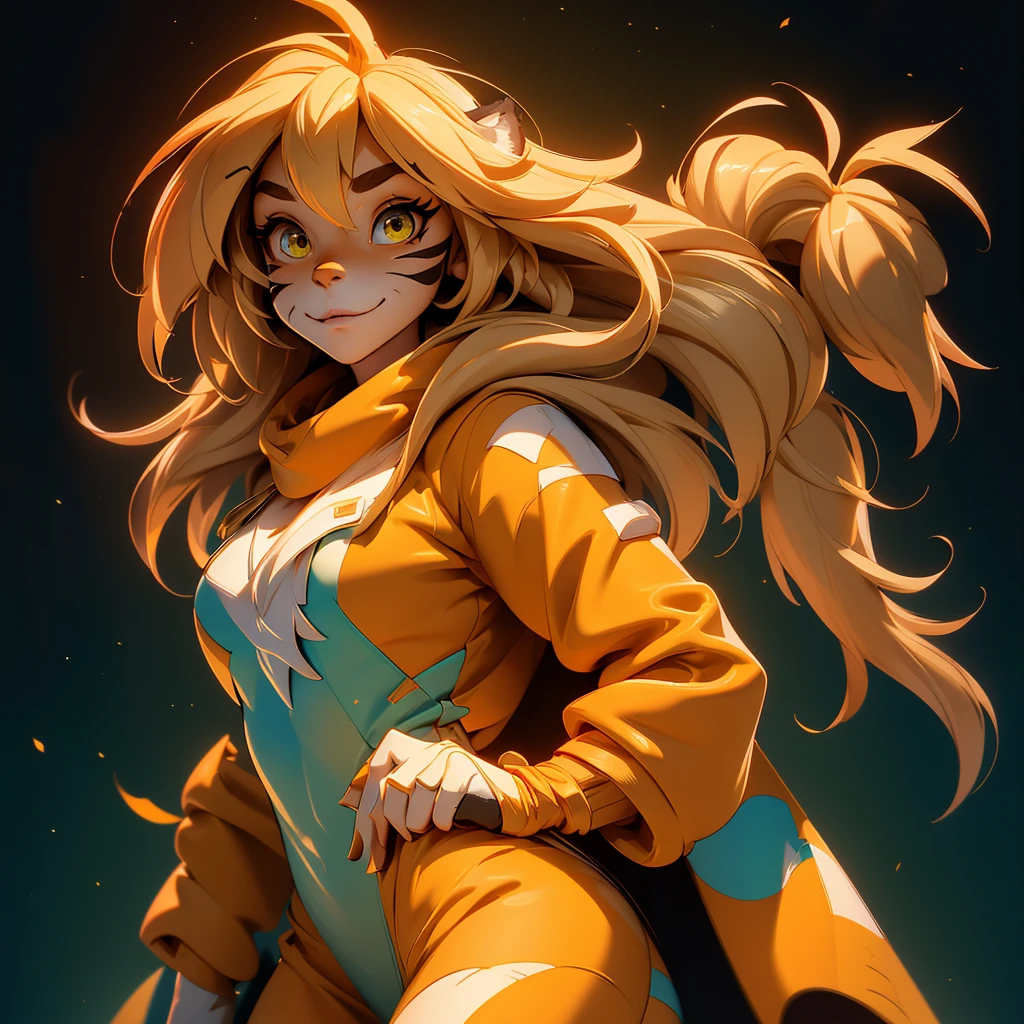 envision a 8k, highres, cinematic, beautiful extreme close up face Pinup of a cute furry female anthro, with a slender muscular body, (((short blonde hair))), long bangs, yellow eyes, Orange and White Fur, Tiger Stripes, Green Jacket, ((((! Girl)))), ((Flora Twokinds)), in dark lighting, against a dark gray background